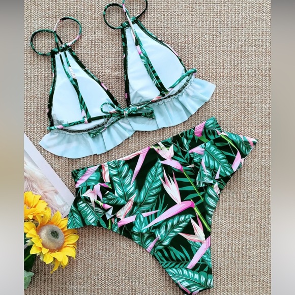 ~Women High Waisted Swimsuit Ruffle V Neck Bikini Two Pieces Swimwear~ - Picture 2 of 6